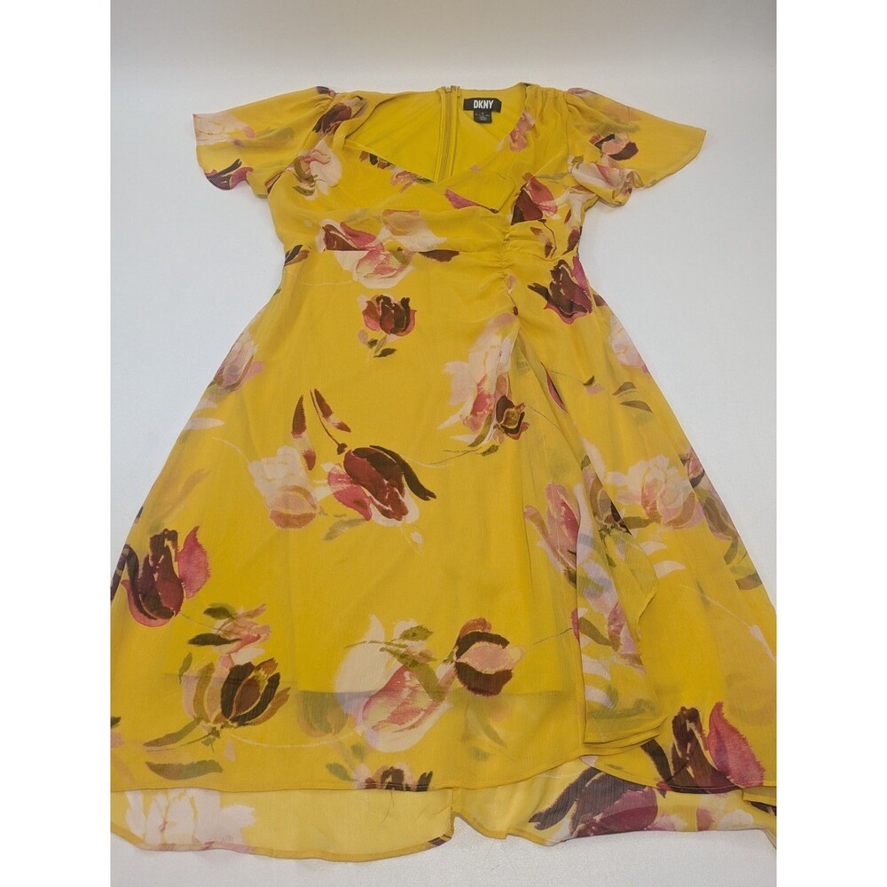 DKNY Yellow Floral Chiffon Dress Short Sleeve‎ V-Neck Women's 14